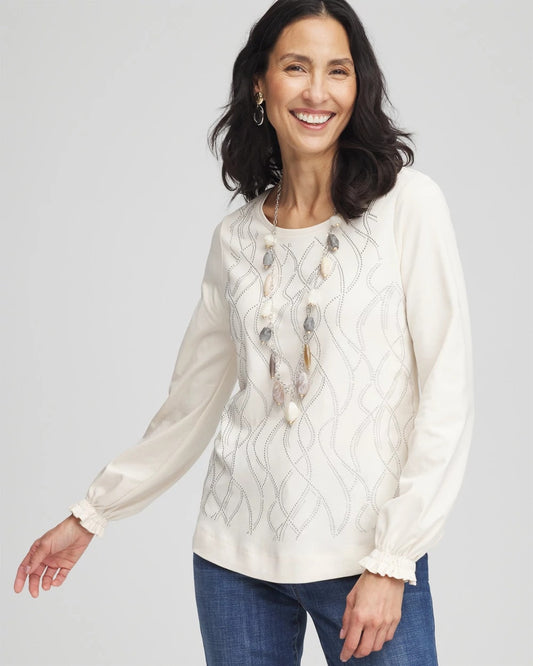 Chico's Embellished Long-sleeve Top English Cream