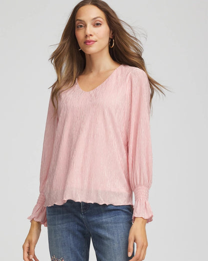 Chico's Crinkle Bodre Voop Neck Top Blushed
