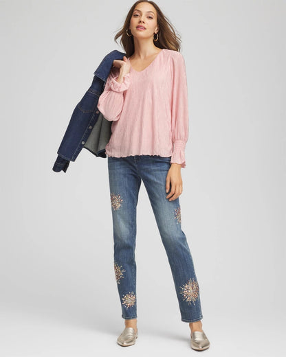 Chico's Crinkle Bodre Voop Neck Top Blushed
