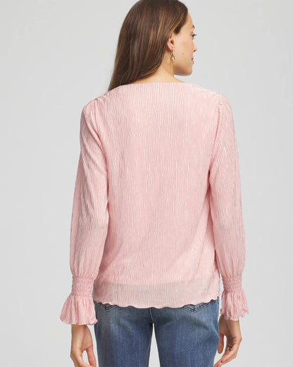 Chico's Crinkle Bodre Voop Neck Top Blushed