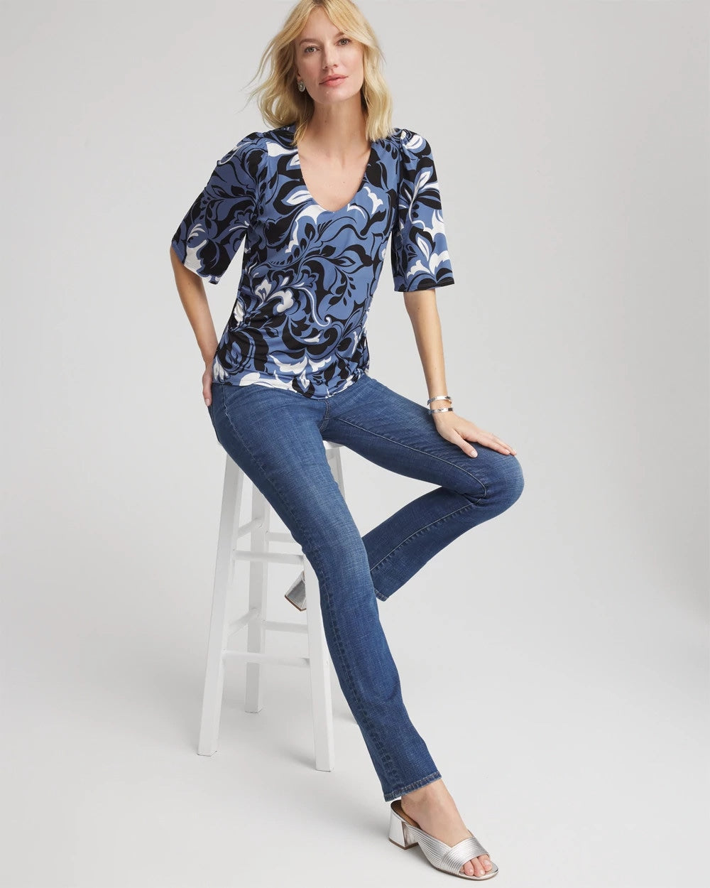 Chico's Stretch-Knit Flutter-Sleeve Tee Blue Lotus