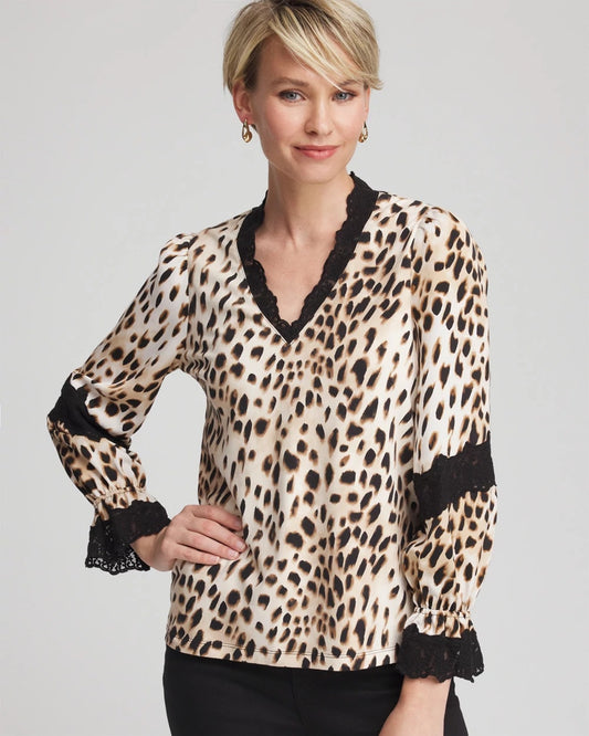 Chico's Animal Print Long-Sleeved Top English Cream