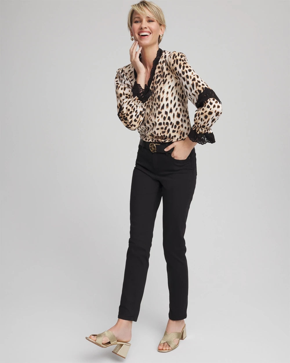 Chico's Animal Print Long-Sleeved Top English Cream