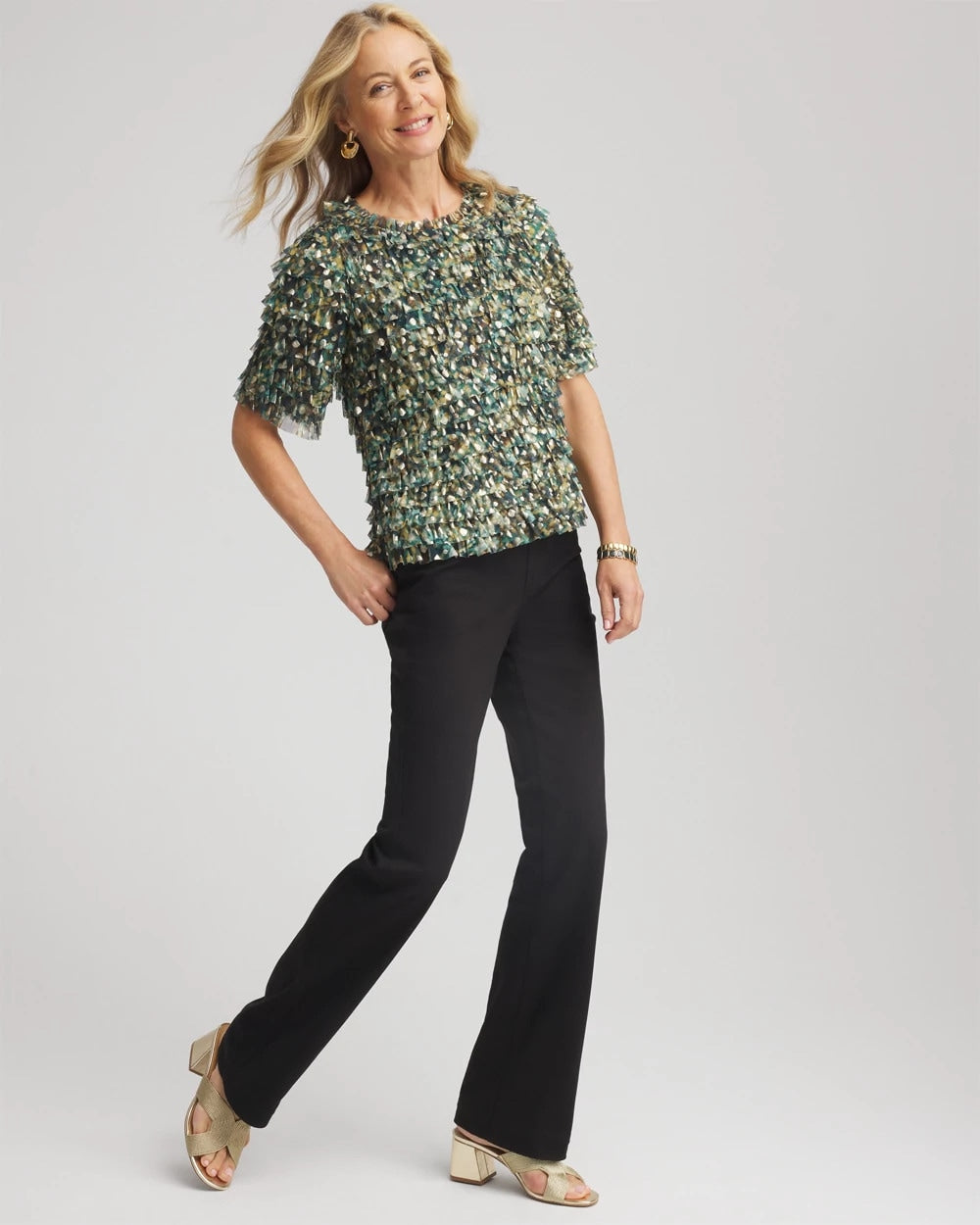 Chico's Foiled Mesh Ruffle Crop Tee Darkest Spruce