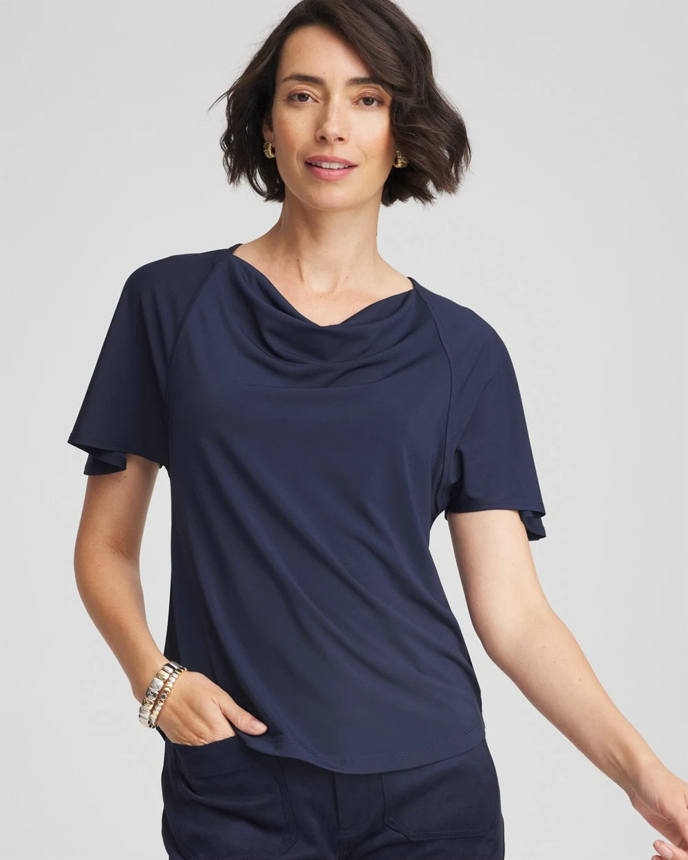 Chico's Jersey Knit Cowlneck Tee Passport Blue