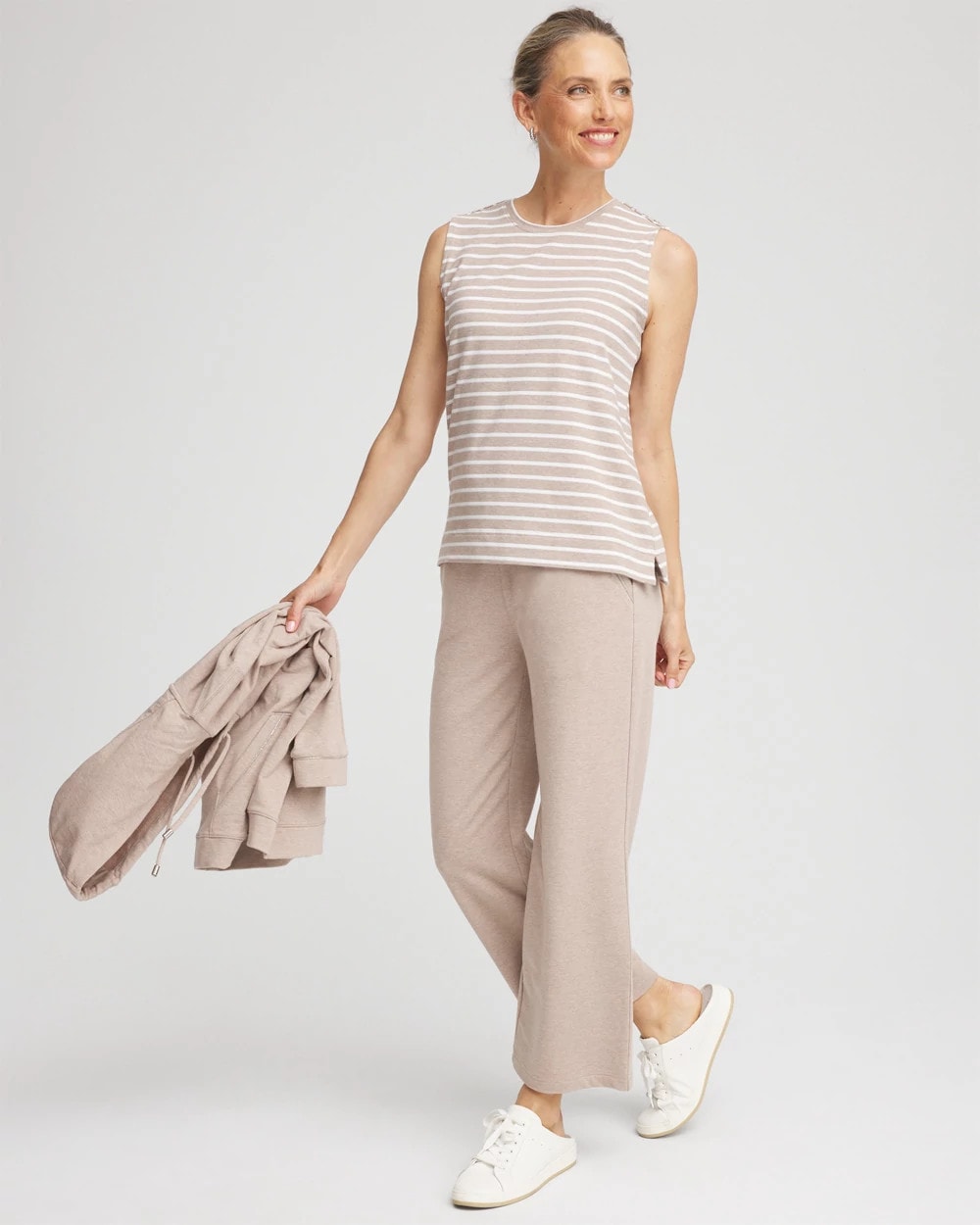 Chico's Zenergy® UPF Sleeveless Metallic-Striped Tank Light Taupe Heather