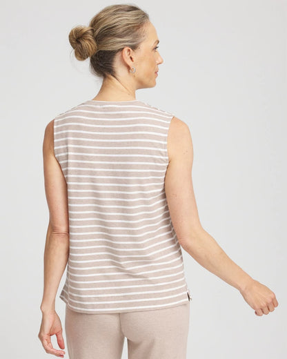 Chico's Zenergy® UPF Sleeveless Metallic-Striped Tank Light Taupe Heather