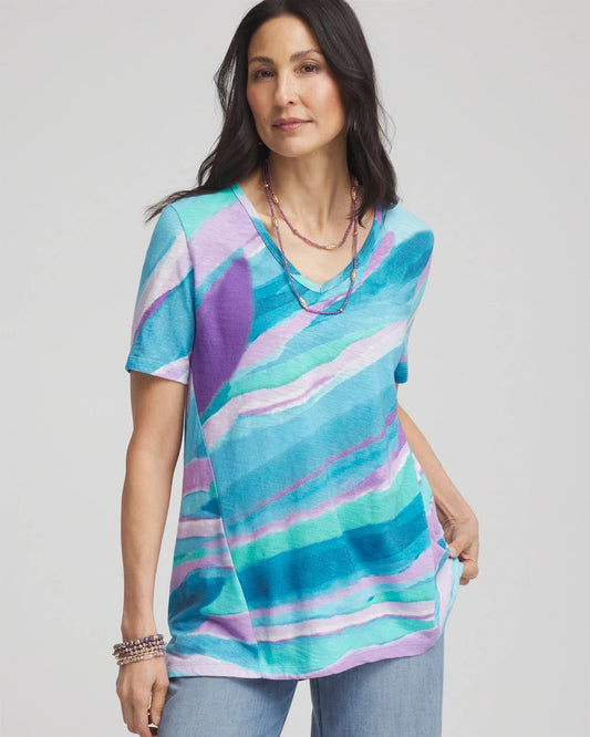 Chico's Sea Print Short Sleeve Forward-Seam Tee Paradiso Blue