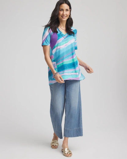 Chico's Sea Print Short Sleeve Forward-Seam Tee Paradiso Blue