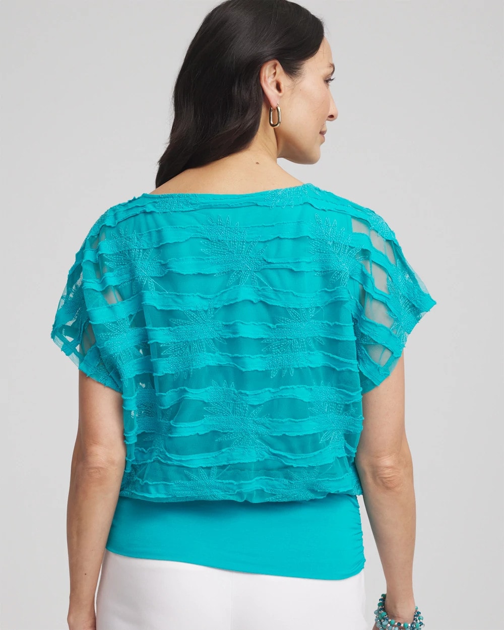 Chico's Embroidered Striped Banded Bottom Top Seaspray
