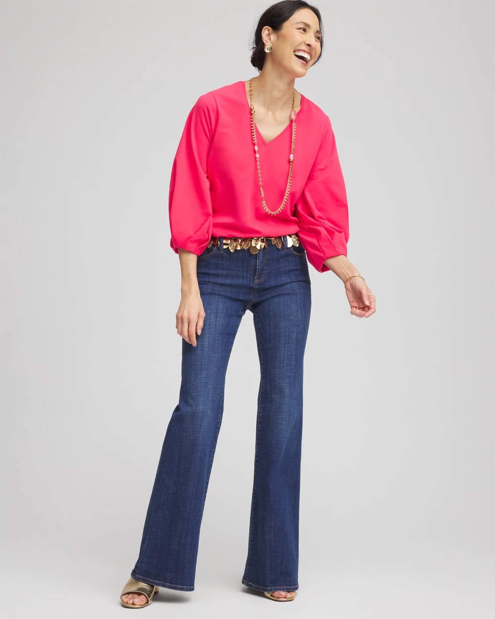 Chico's Cotton Tuck Sleeve Tee Dried Roses