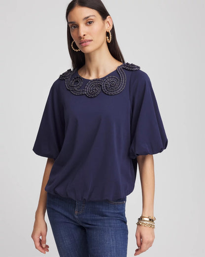 Chico's Bubble Hem Pleated Cotton Top Passport Blue