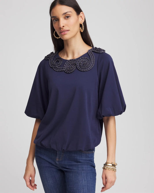 Chico's Bubble Hem Pleated Cotton Top Passport Blue