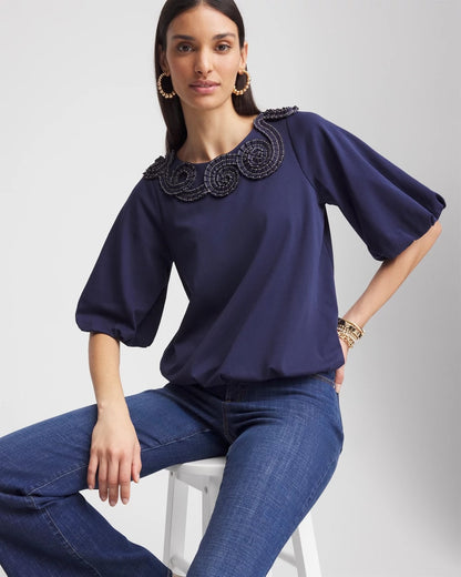 Chico's Bubble Hem Pleated Cotton Top Passport Blue