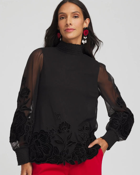 Chico's Sheer Mesh Velvet Appliqué Top Black