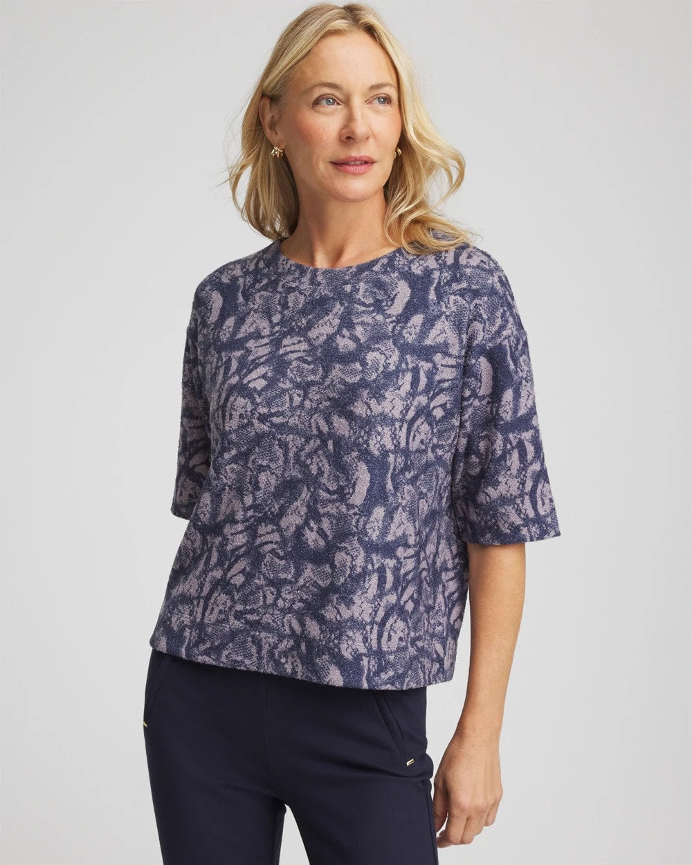 Chico's Animal Cozy Crewneck Tee Indigo Sky