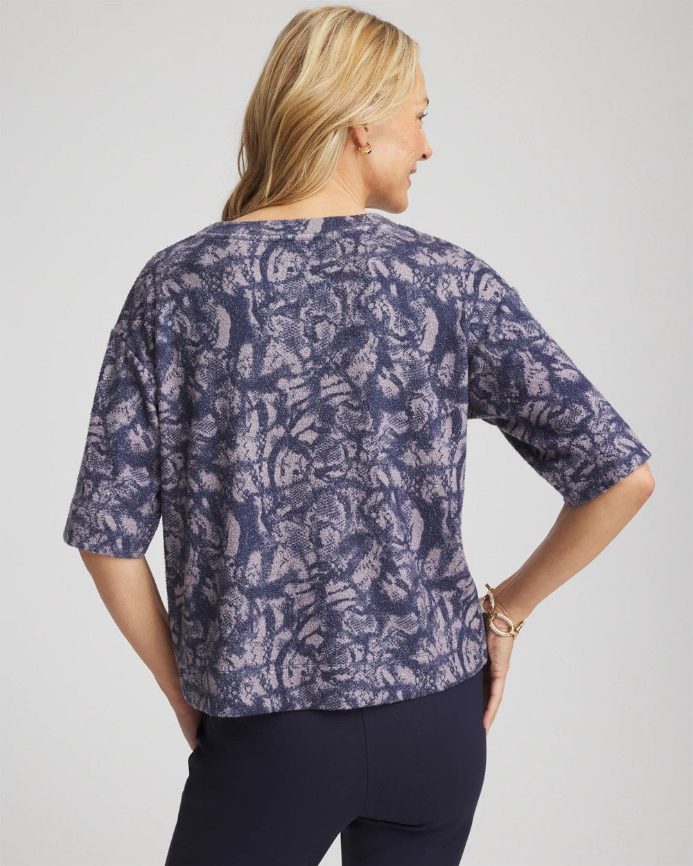 Chico's Animal Cozy Crewneck Tee Indigo Sky