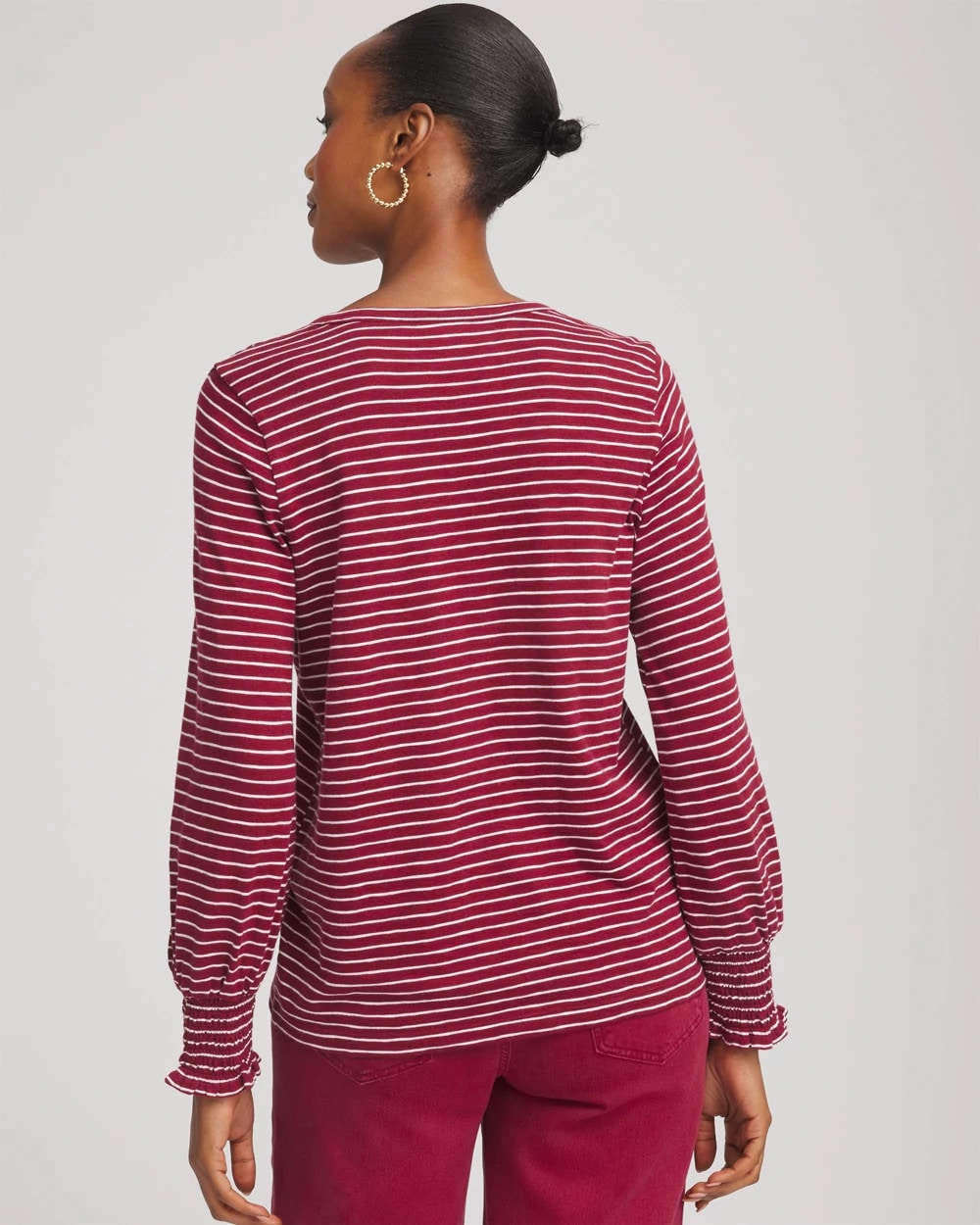 Chico's Smocked-Sleeve Cotton-Slub Tee Russet Red