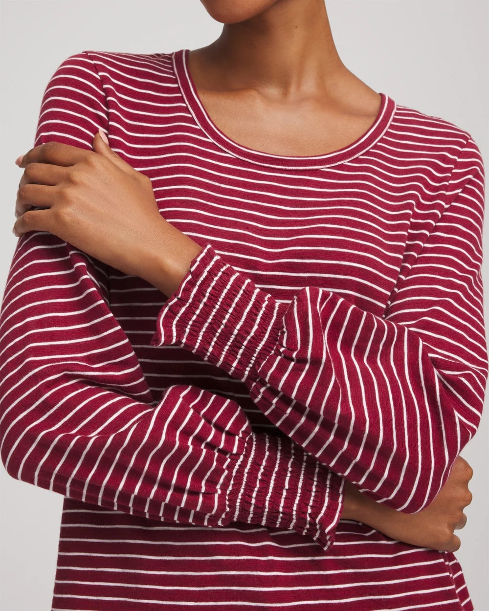 Chico's Smocked-Sleeve Cotton-Slub Tee Russet Red