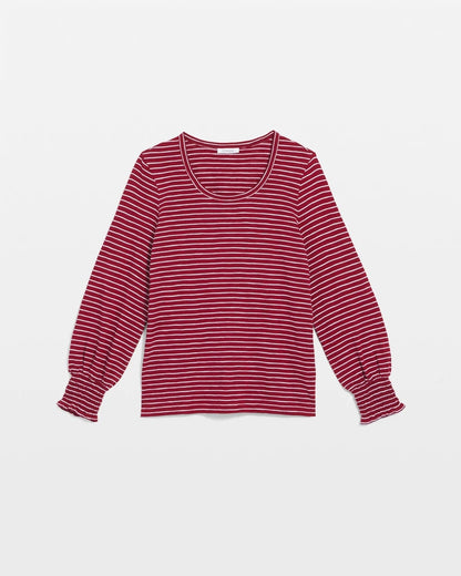 Chico's Smocked-Sleeve Cotton-Slub Tee Russet Red