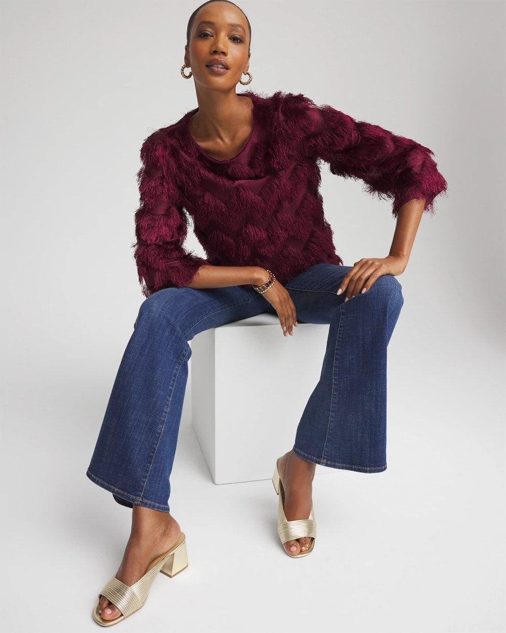 Chico's Chevron Fringe Party Top Deep Chianti