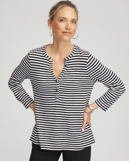 Chico's Striped Slub Splitneck Henley Tee Black