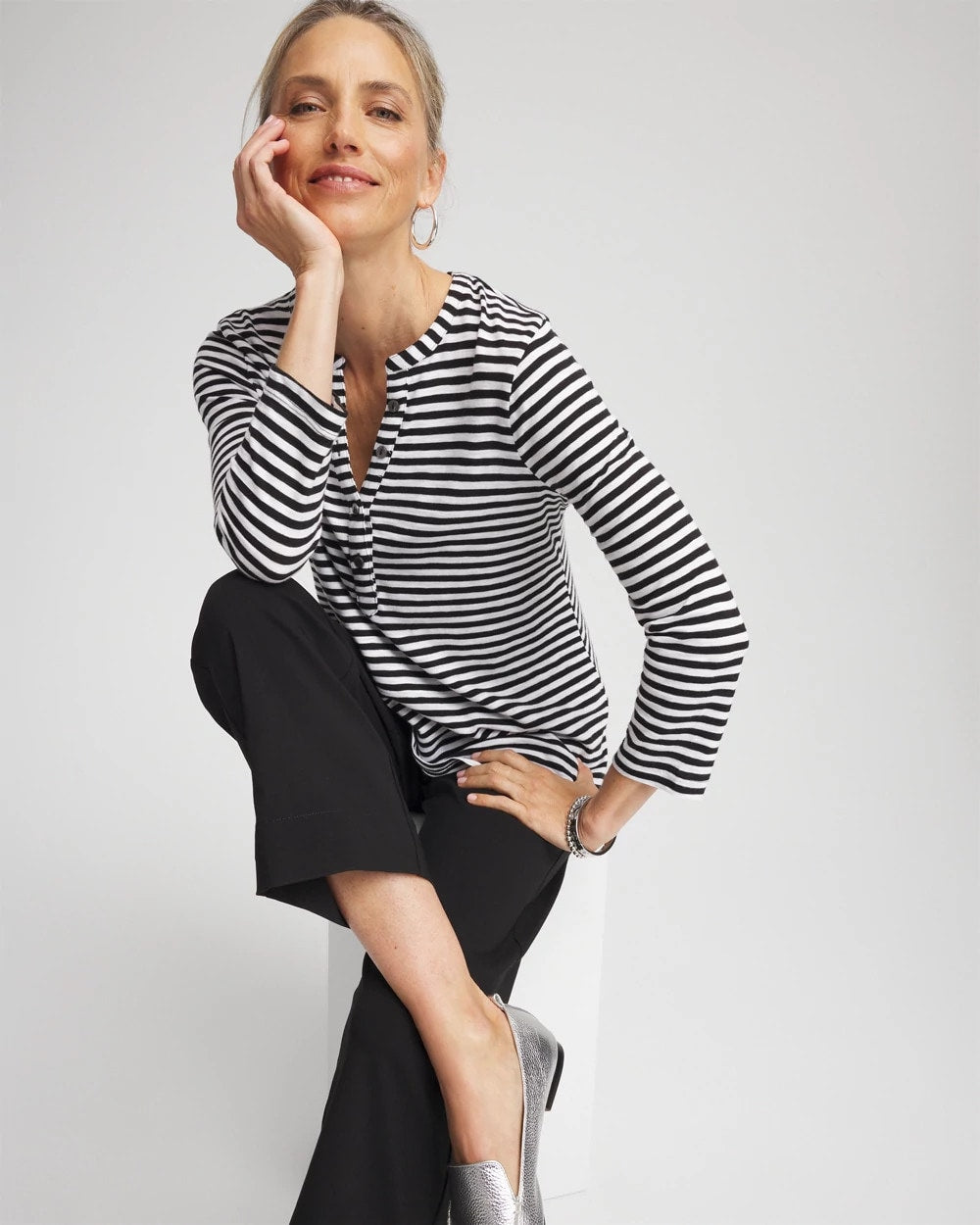 Chico's Striped Slub Splitneck Henley Tee Black