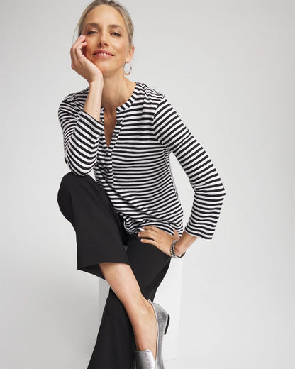 Chico's Striped Slub Splitneck Henley Tee Black