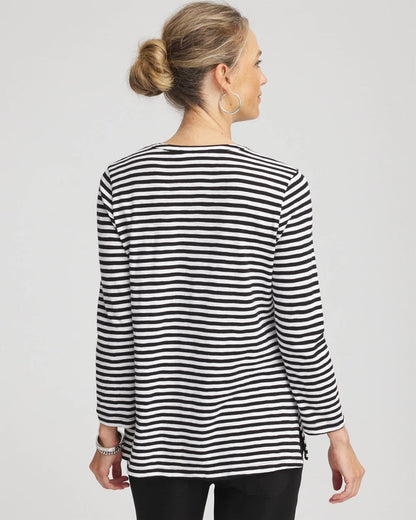 Chico's Striped Slub Splitneck Henley Tee Black