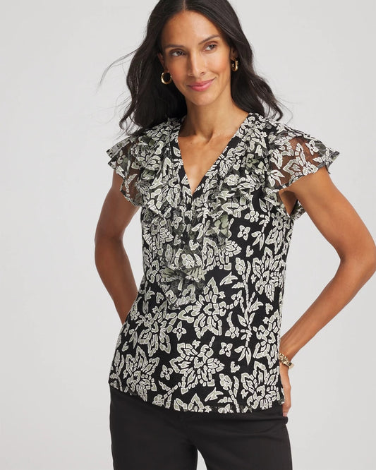 Chico's Lace Floral-Burnout Henley Tee Black