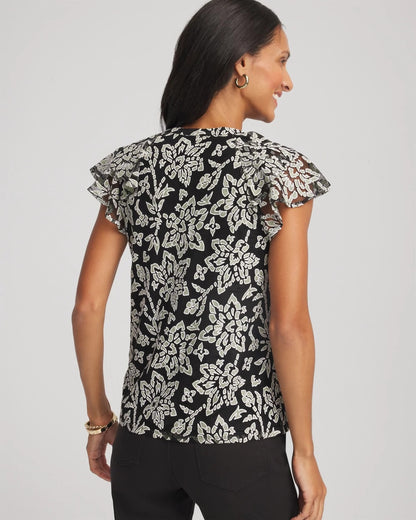 Chico's Lace Floral-Burnout Henley Tee Black