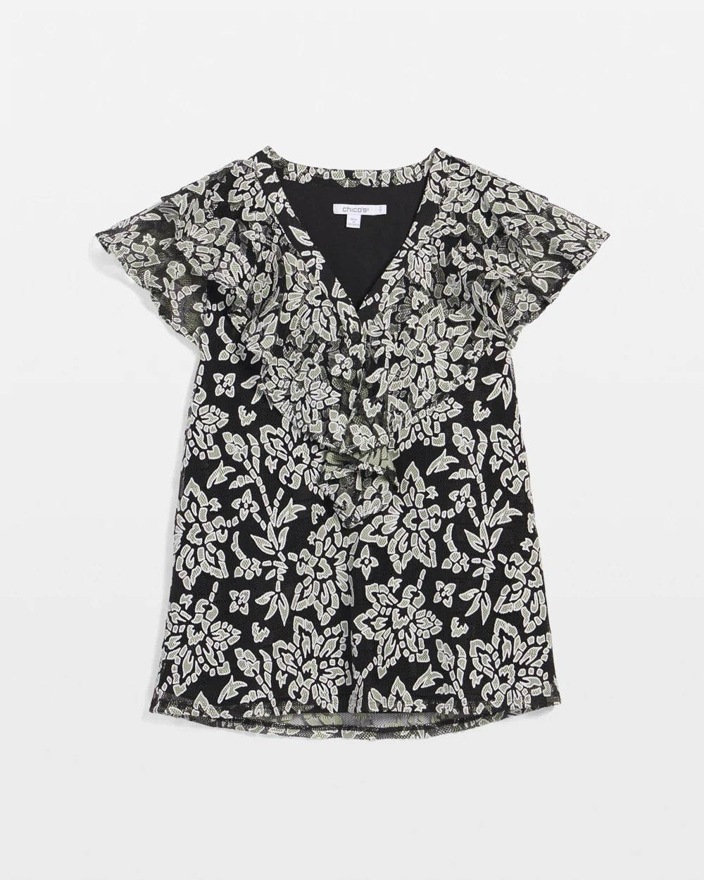 Chico's Lace Floral-Burnout Henley Tee Black