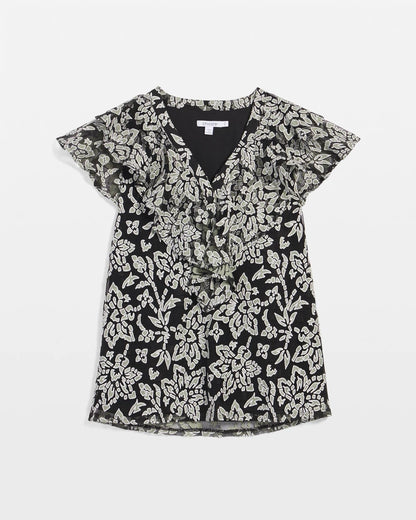 Chico's Lace Floral-Burnout Henley Tee Black
