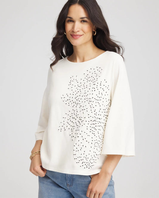 Chico's Soutache Embroidered Wildflower Top Ecru