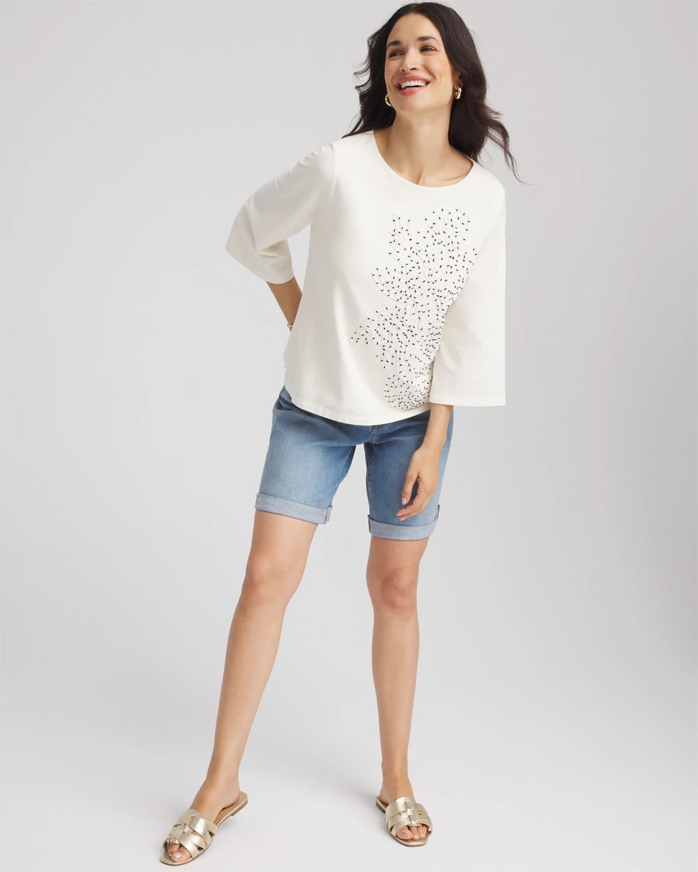 Chico's Soutache Embroidered Wildflower Top Ecru