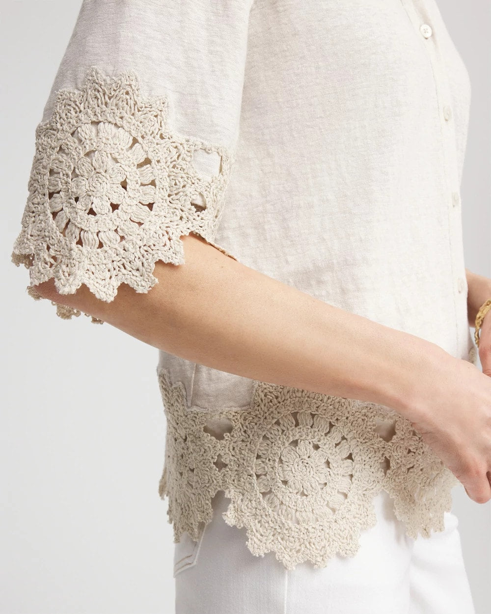 Chico's Crochet Trim Linen Shirt River Rock