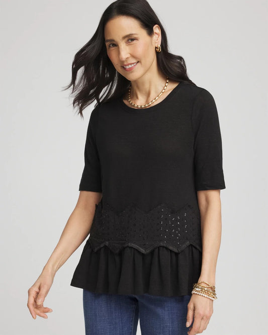 Chico's Chevron Sequin Peplum Linen Tee Black
