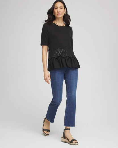 Chico's Chevron Sequin Peplum Linen Tee Black
