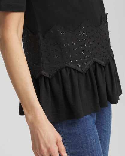 Chico's Chevron Sequin Peplum Linen Tee Black