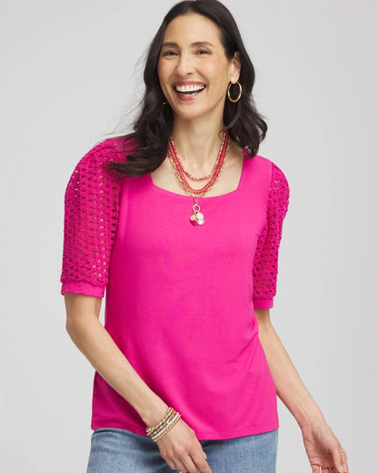 Chico's Touch of Cool™ Crochet Lace Square-Neck Tee Crushed Berries