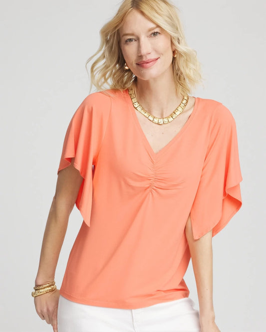 Chico's Touch of Cool™ Handkerchief-Sleeve V-Neck Tee Sunset Peach