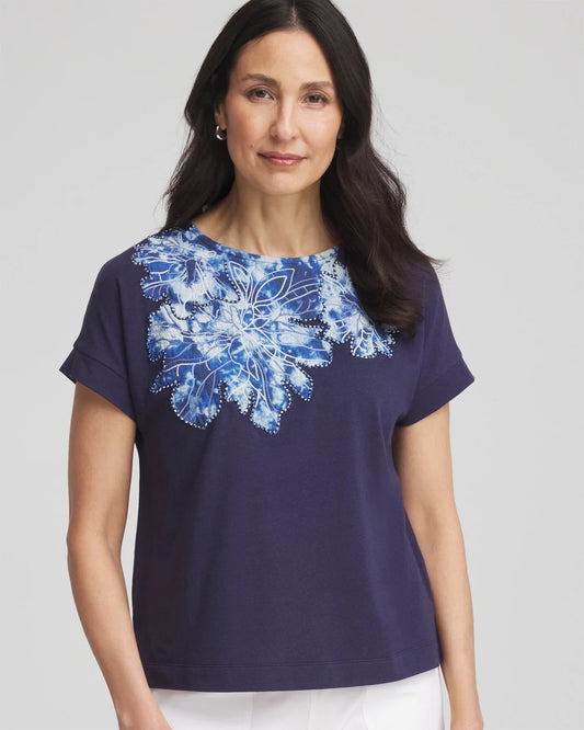 Chico's Zenergy® UPF Knit Applique Dolman Top Passport Blue