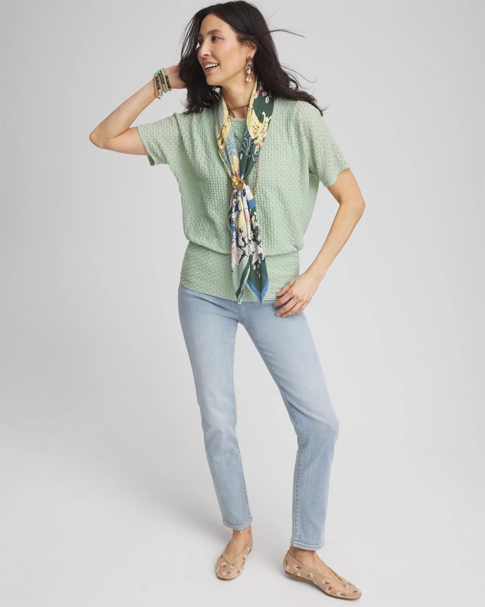 Chico's Jacquard Banded Hem Top Moroccan Mint