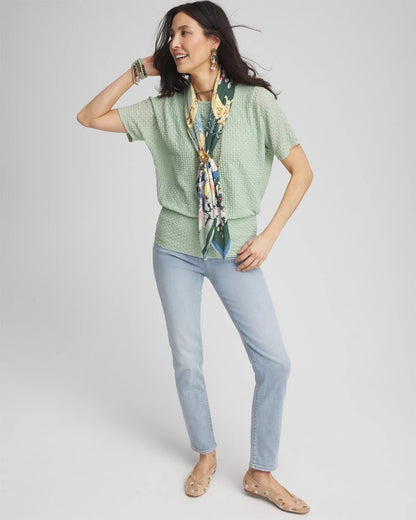 Chico's Jacquard Banded Hem Top Moroccan Mint