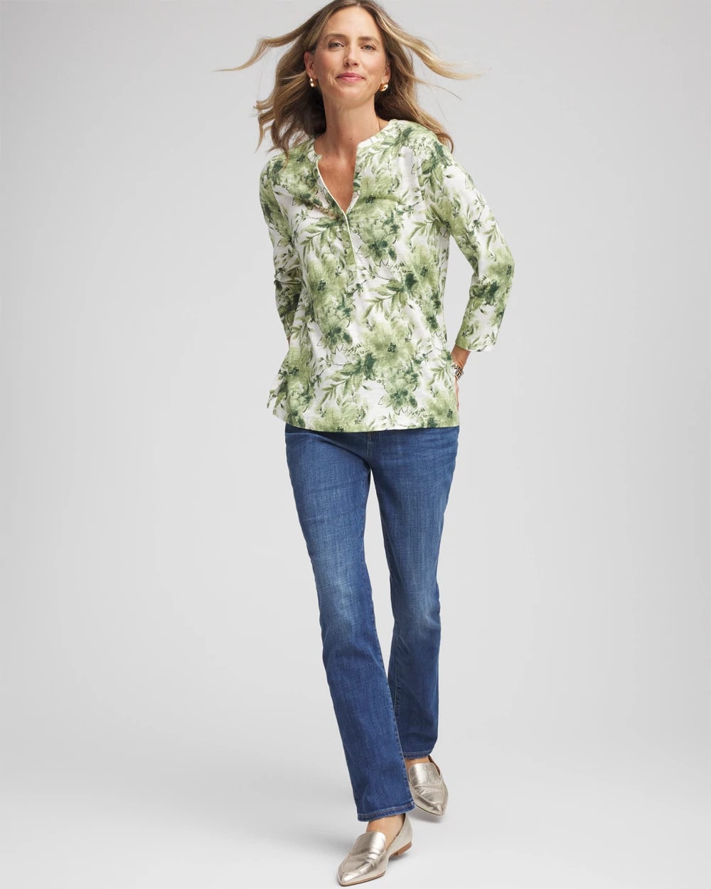 Chico's Printed Slub Splitneck Henley Tee Sage Meadow