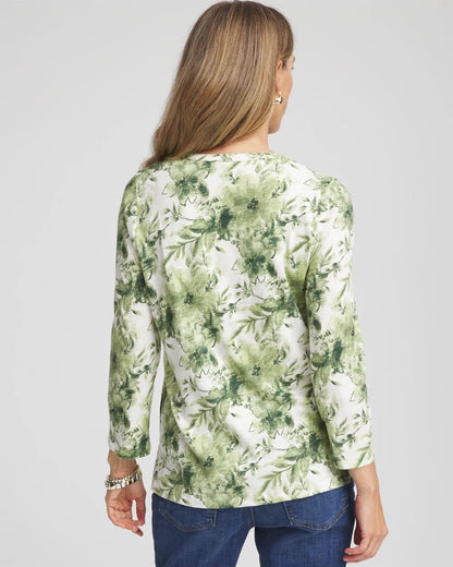 Chico's Printed Slub Splitneck Henley Tee Sage Meadow