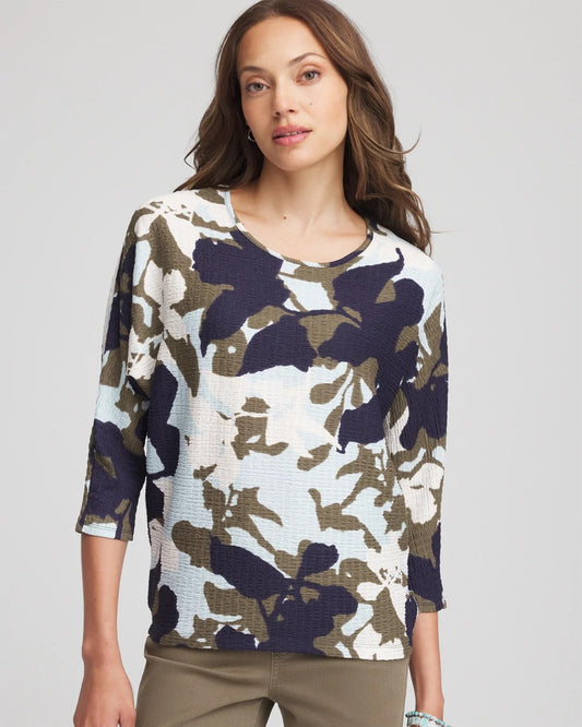 Chico's Floral Wedge Top Blue Menthe