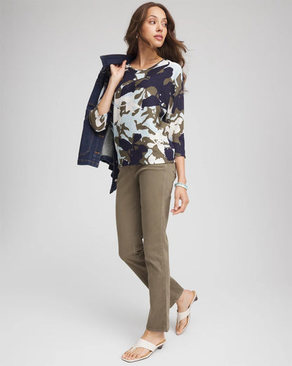 Chico's Floral Wedge Top Blue Menthe