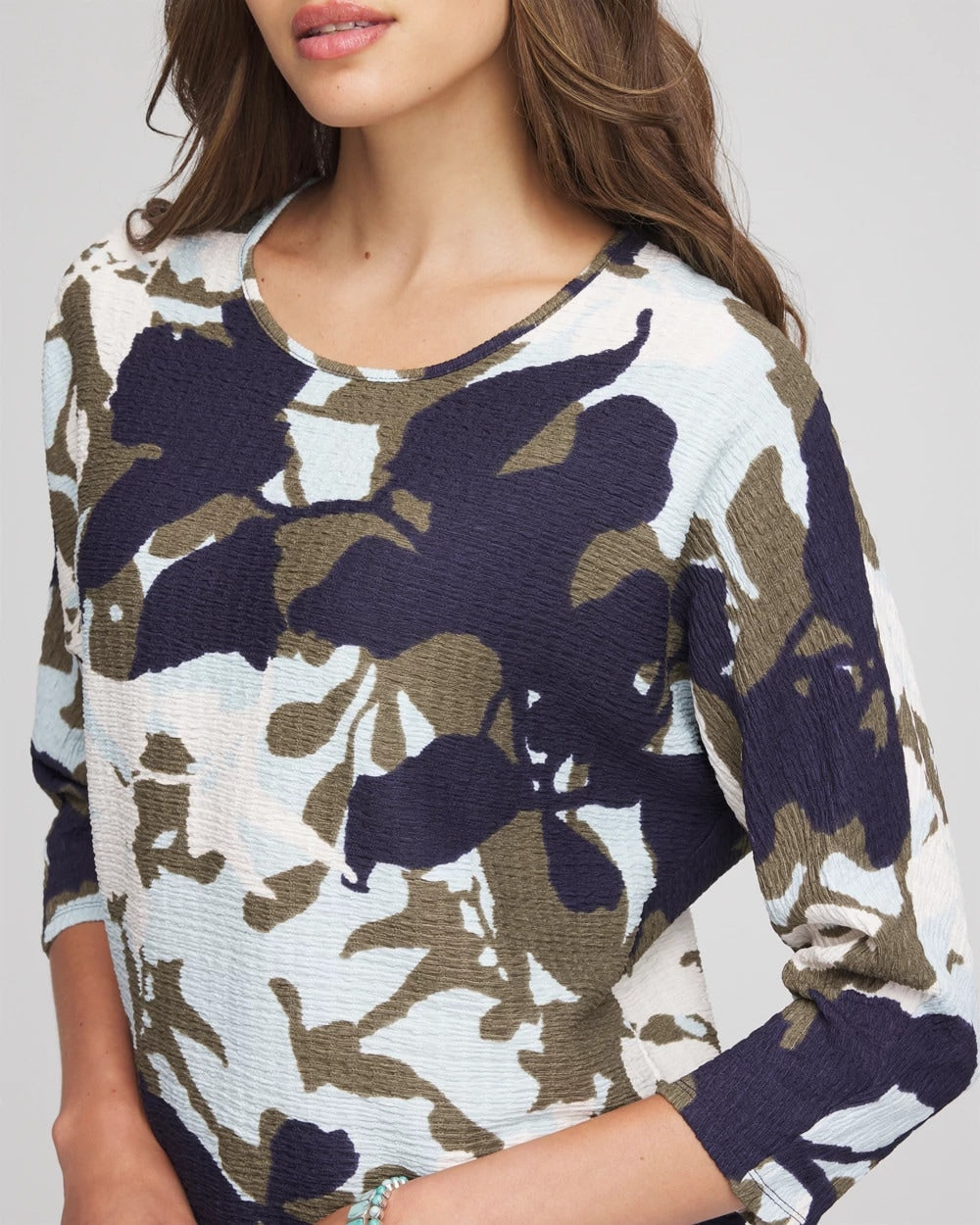Chico's Floral Wedge Top Blue Menthe