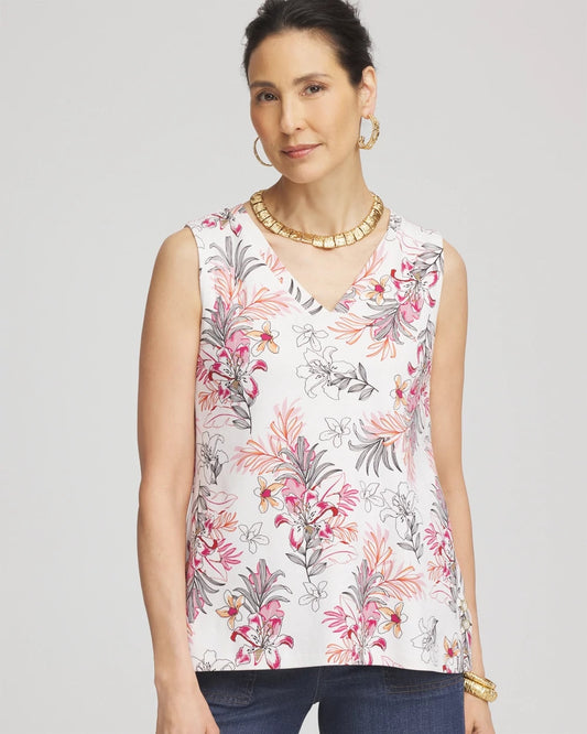 Chico's Floral Sleeveless V-Neck Tank Alabaster